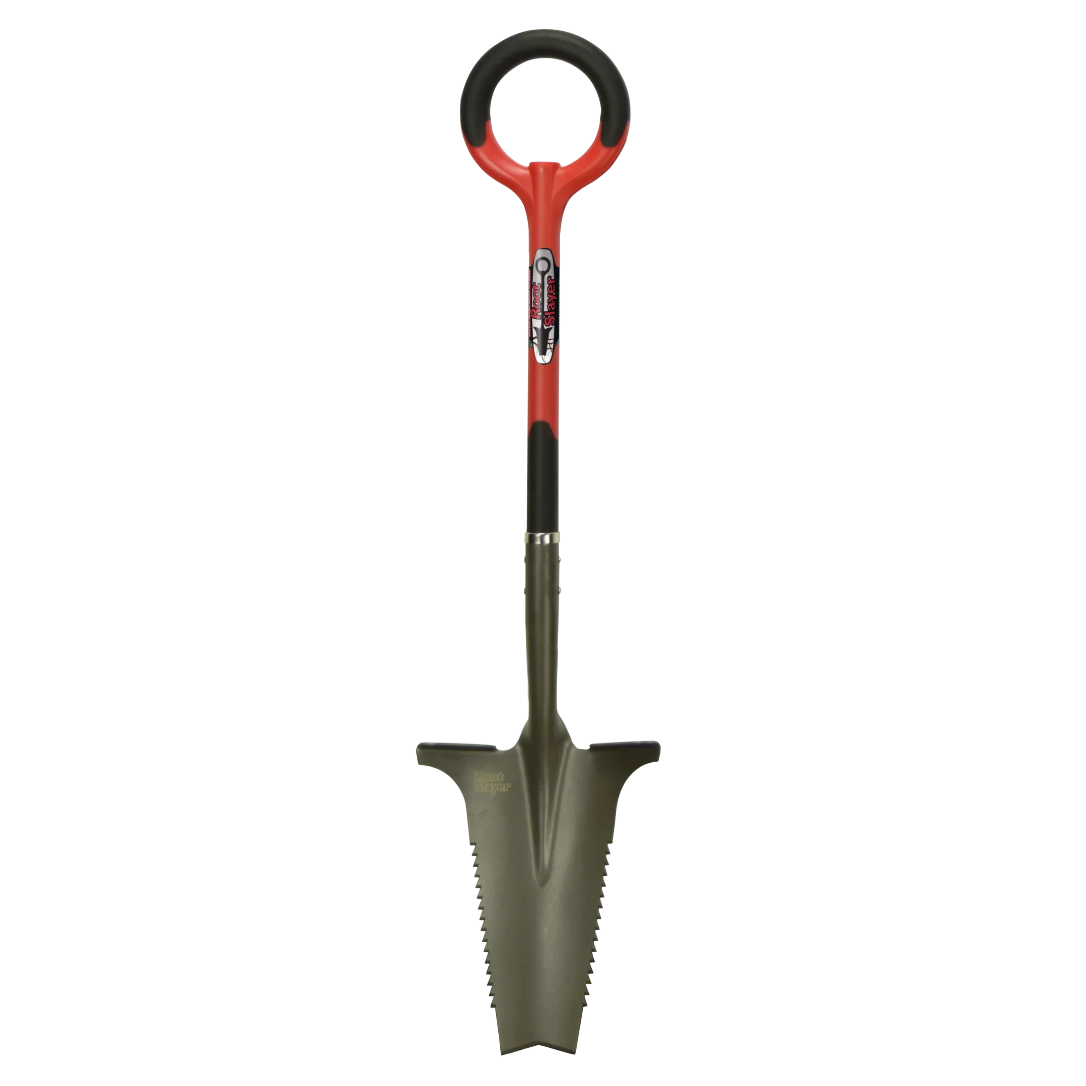 Pelle de jardin ergonomique avec lame crantée et manche rouge, outil de désherbage
